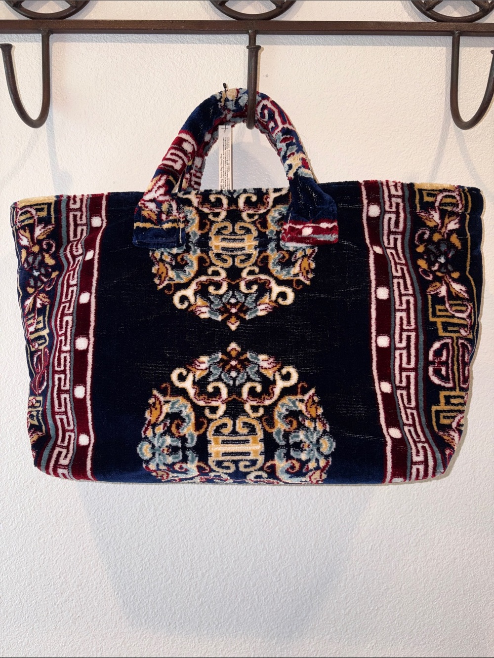 Velvet Patterned Tote Bag in Navy, Burgundy and Gold